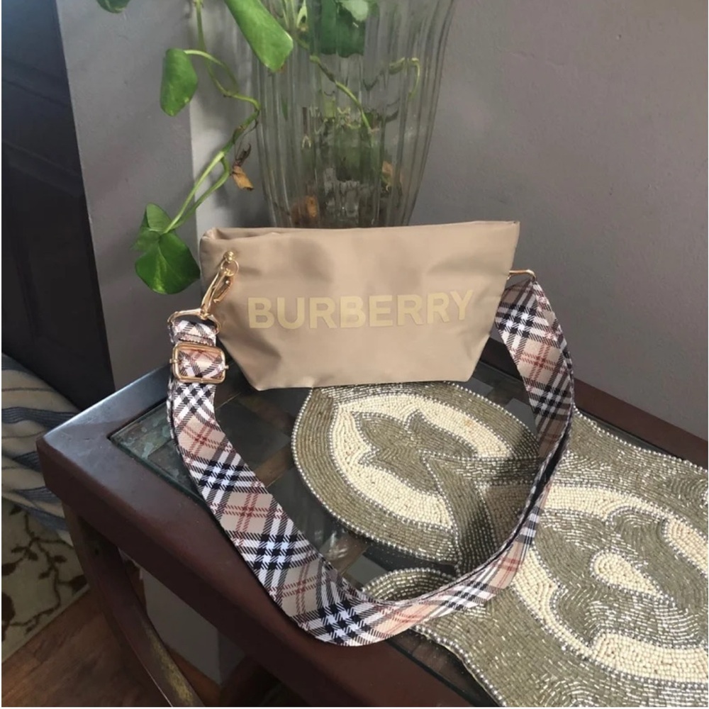 Tan Crossbody Bag with Plaid Strap